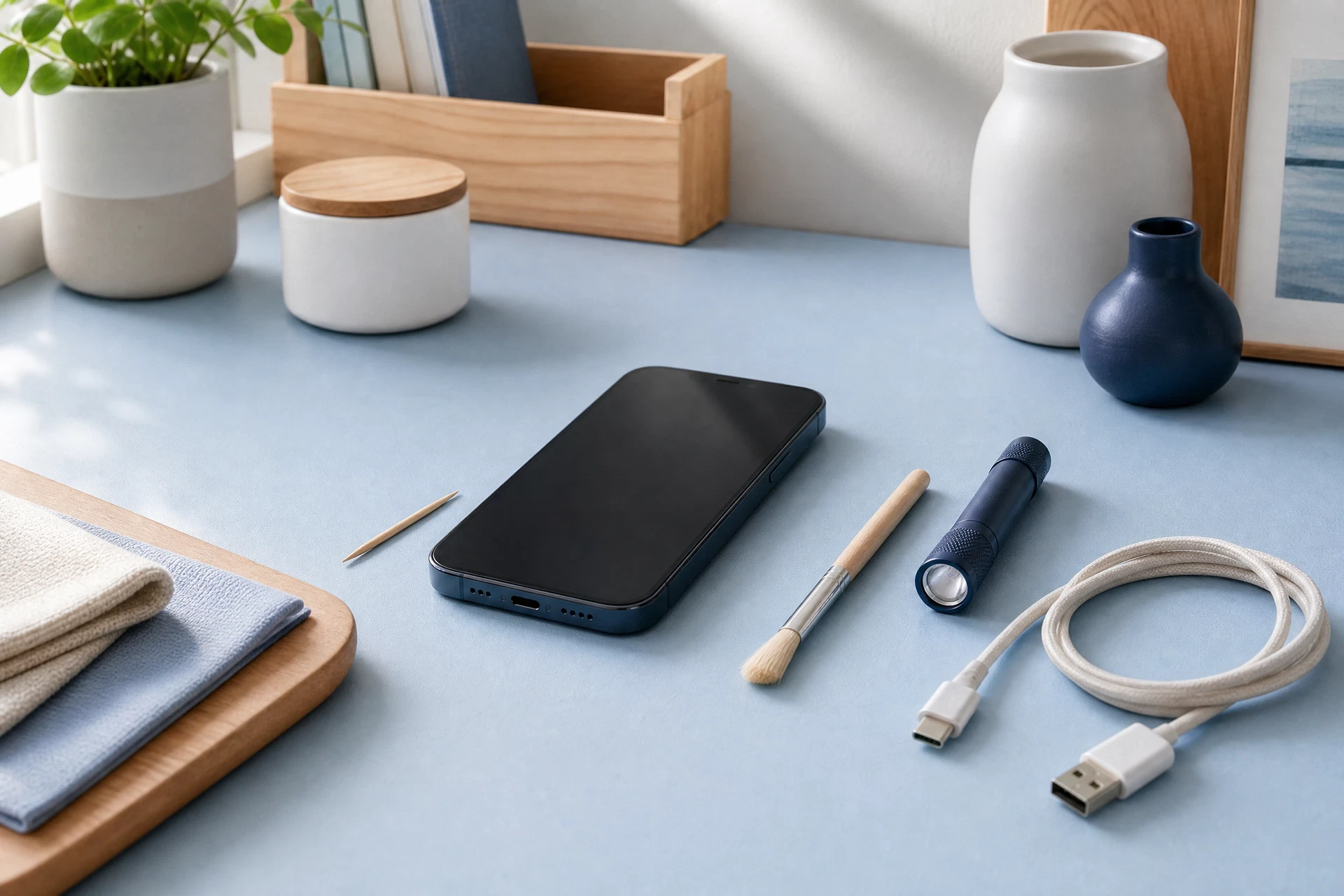 A powered-off smartphone beside a wooden toothpick, soft brush, and charging cable.