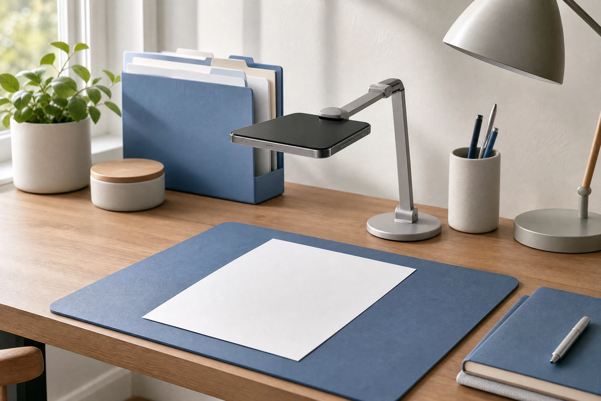 An iPhone positioned above a paper document on a flat, well-lit table.